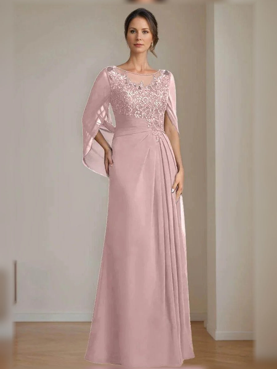 Ruched Draped Floral Illusion Neck A-Line Floor-Length Chiffon Mother of the Bride Dress for Evening Reception