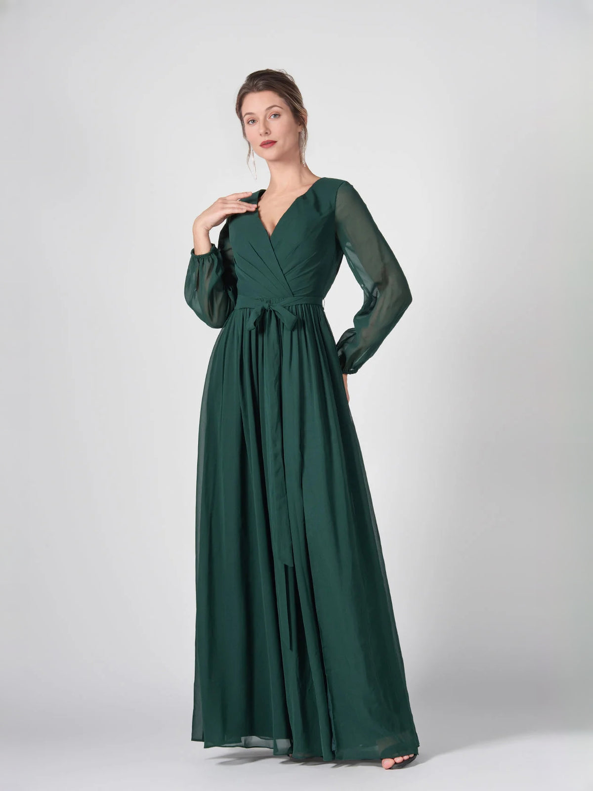 Draped V Neck A-Line Floor-Length Chiffon Bridesmaid Dress for Formal Wedding