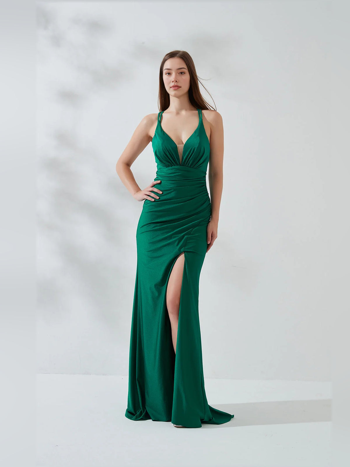 Deep V-Neck Double-Strap Crisscross-Back Mermaid Formal Dress