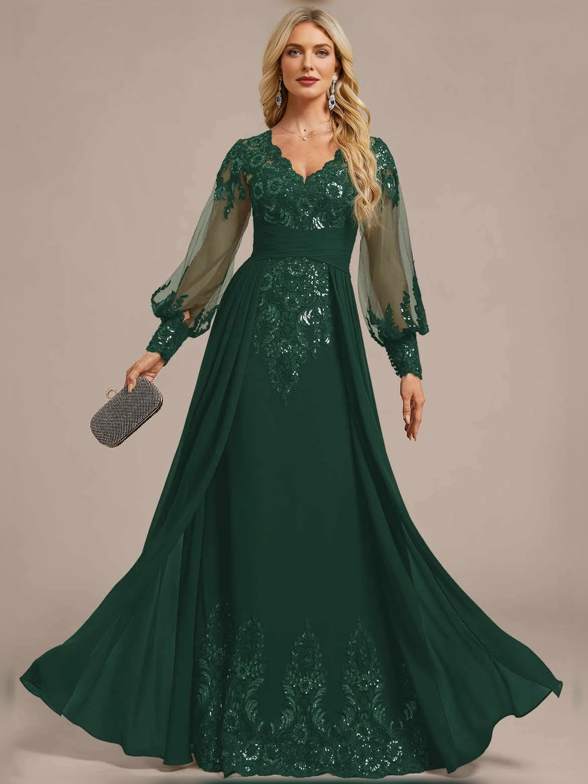 Ruched Sequin V Neck A-Line Floor-Length Chiffon Mother of the Bride Dress for Engagement Dinner