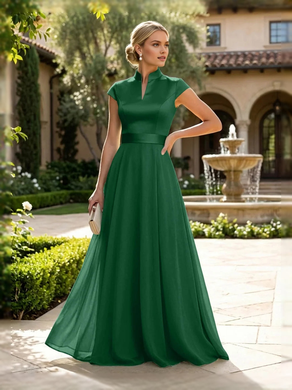 Slit High Neck A-Line Floor-Length Satin Mother of the Bride Dress for Bridal Luncheon