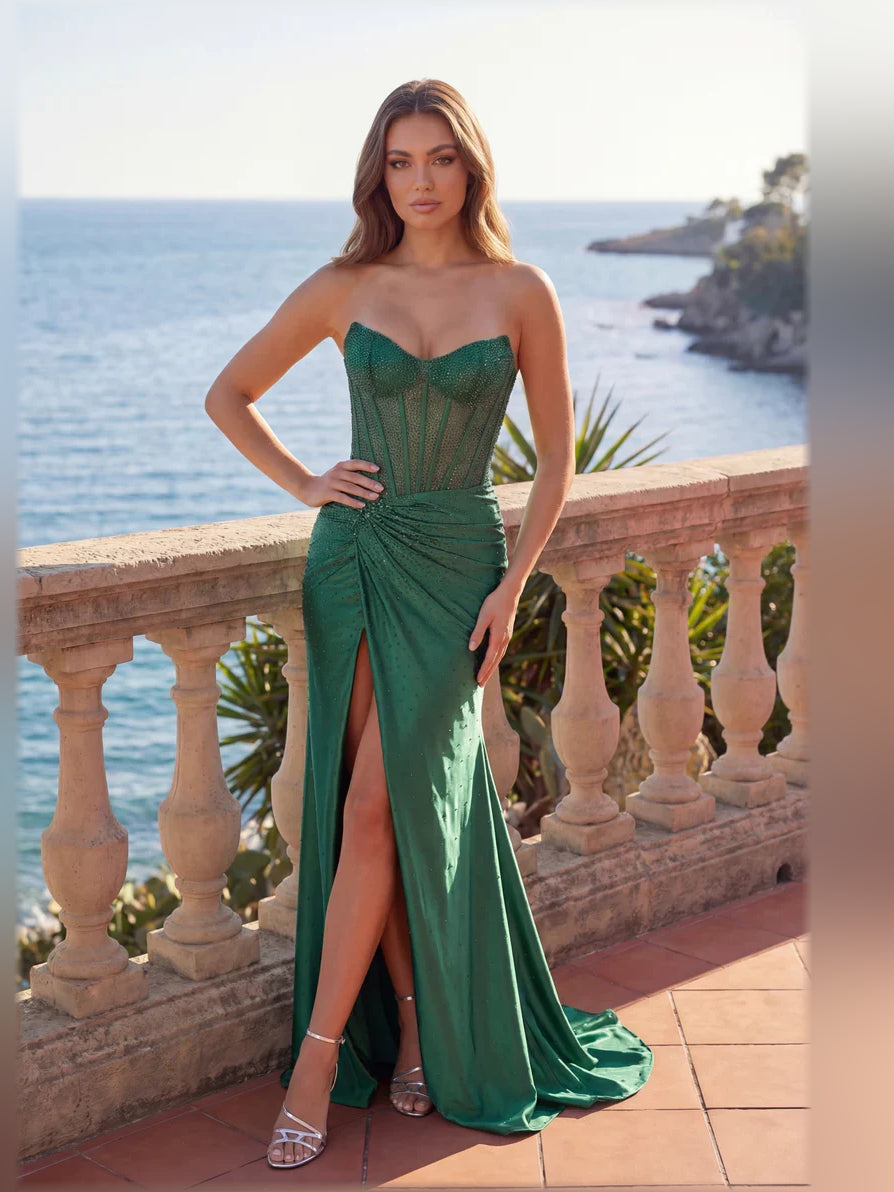 Off-Shoulder Corset Front-Slit Floor-Length Formal Dress
