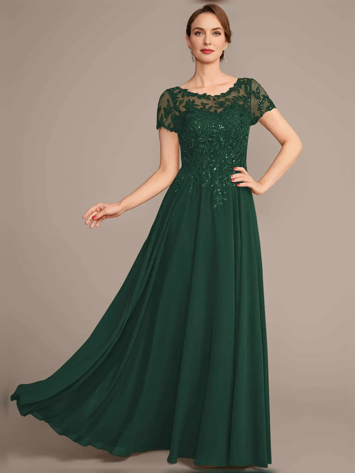 Pleated Sequin Illusion Neck A-Line Short Chiffon Mother of the Bride Dress for Wedding Ceremony