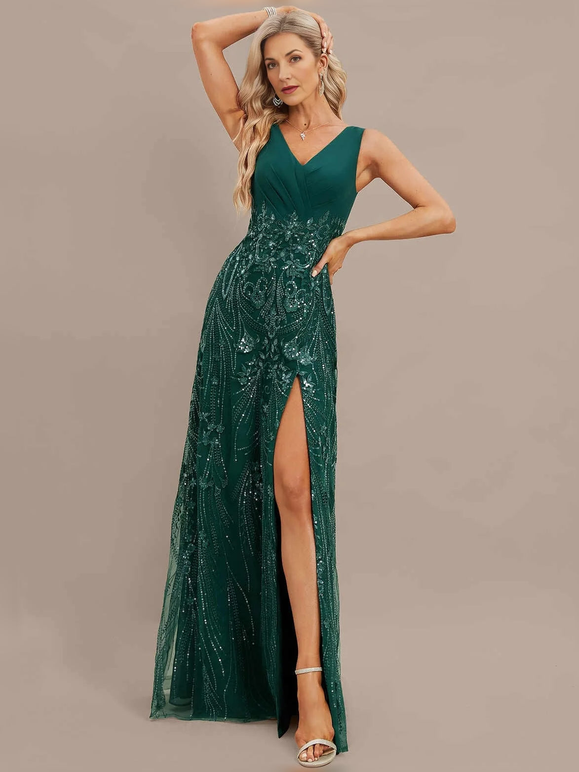Pleated Beaded Floral Slit V Neck A-Line Maxi Tulle Mother of the Bride Dress for Formal Dinner