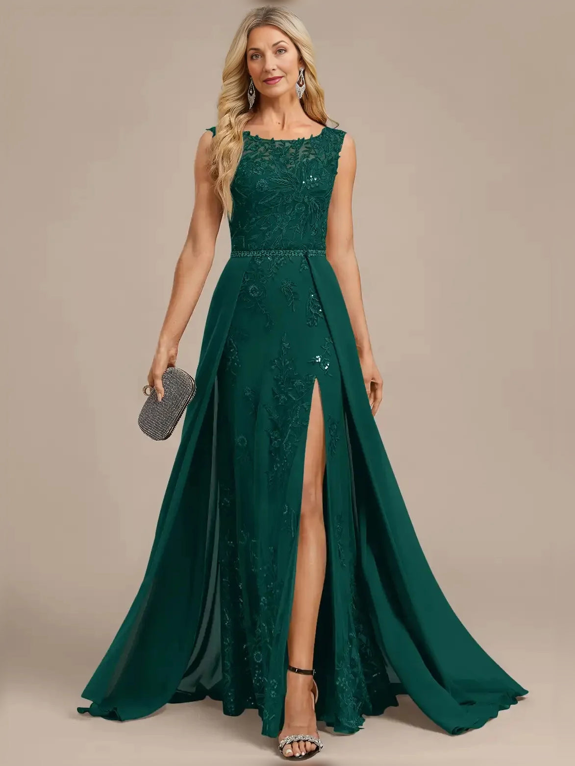 Front-Slit Beaded Floral Slit Bateau Neck A-Line Floor-Length Chiffon Mother of the Bride Dress for Estate Wedding