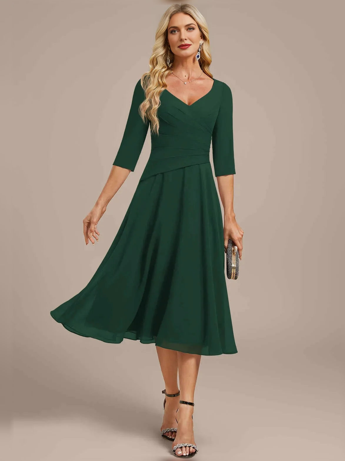 Ruched Draped V Neck A-Line Knee-Length Chiffon Mother of the Bride Dress for Formal Ceremony