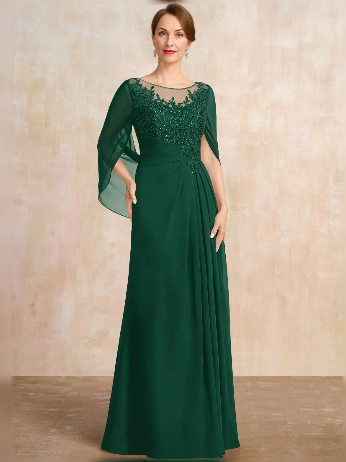 Pleated Draped Illusion Neck A-Line Floor-Length Chiffon Mother of the Bride Dress for Church Wedding