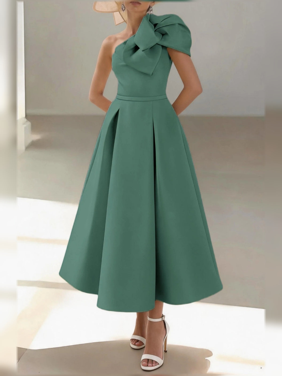 Pleated Draped One Shoulder A-Line Midi Satin Mother of the Bride Dress for Rehearsal Dinner