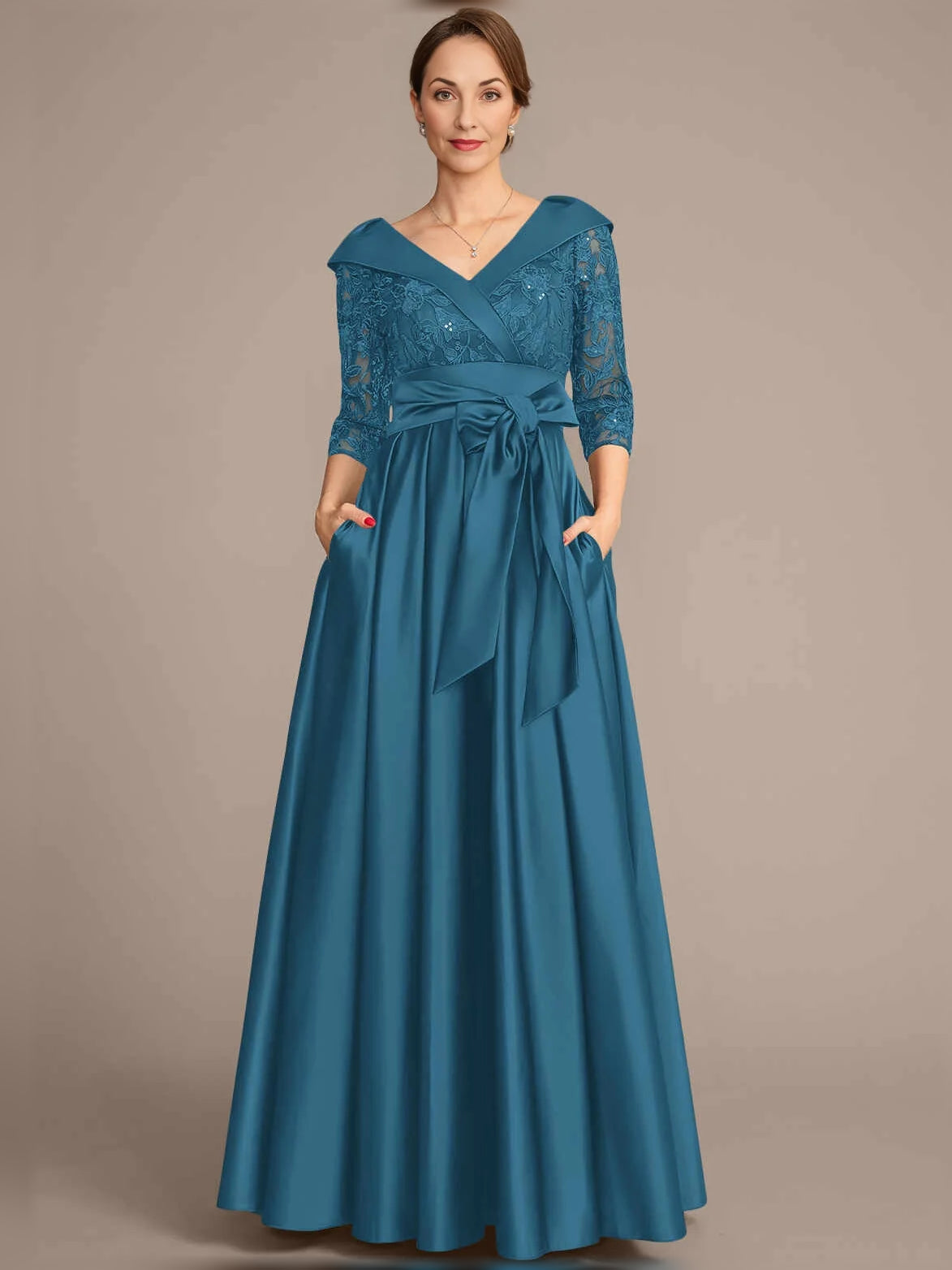 Bow V Neck A-Line Floor-Length Satin Mother of the Bride Dress for Reception Dinner