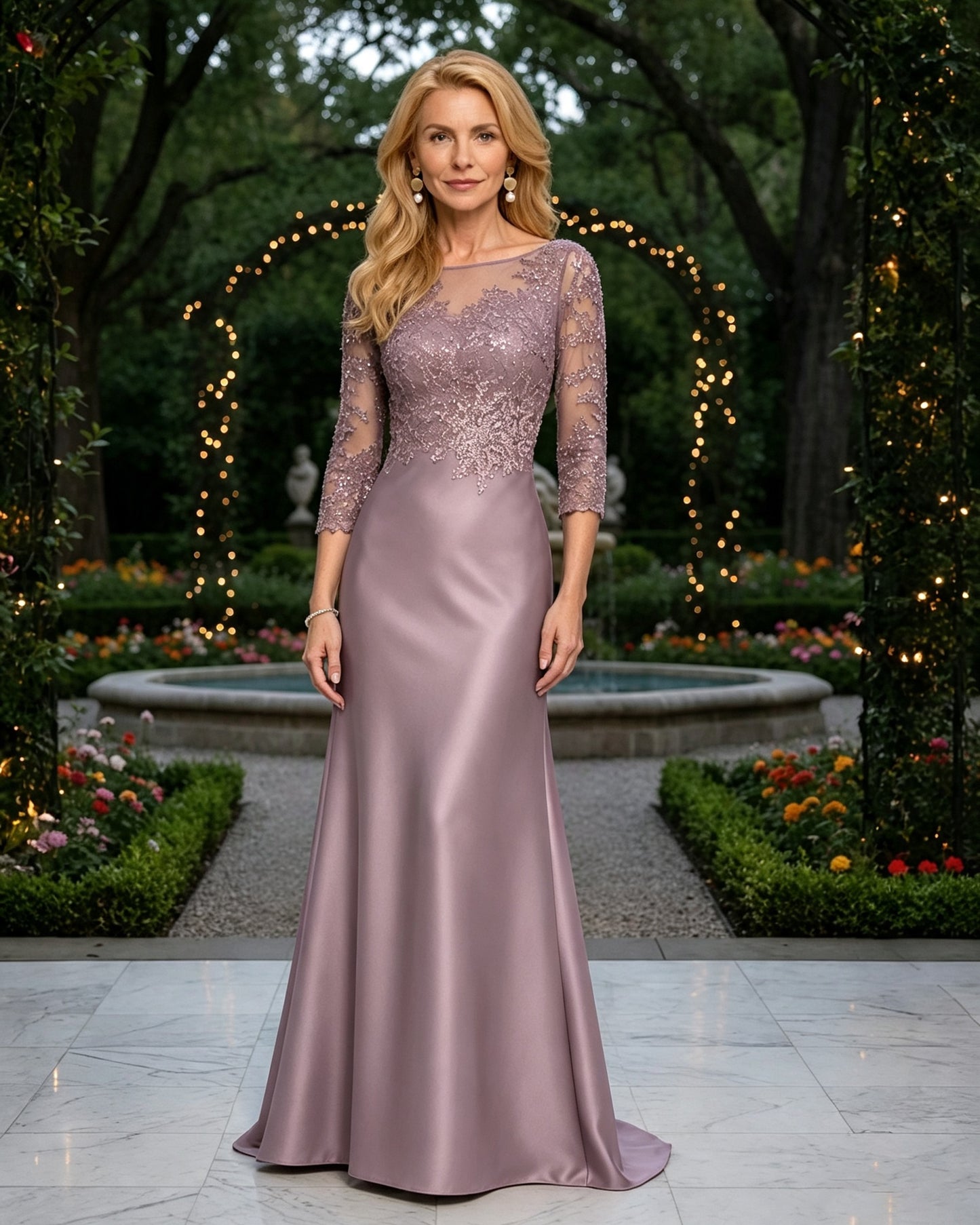 Illusion Lace and Satin Mother of the Bride Dress with Beaded Bodice