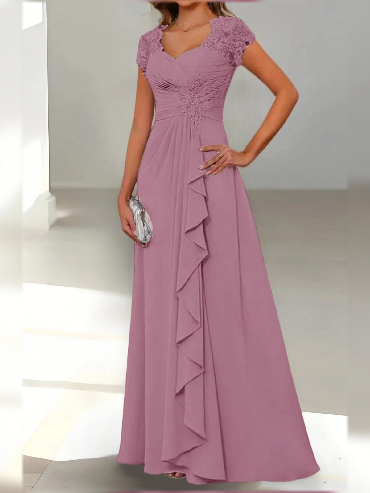 Ruched Draped Floral Ruffled V Neck A-Line Floor-Length Chiffon Mother of the Bride Dress for Wedding Celebration
