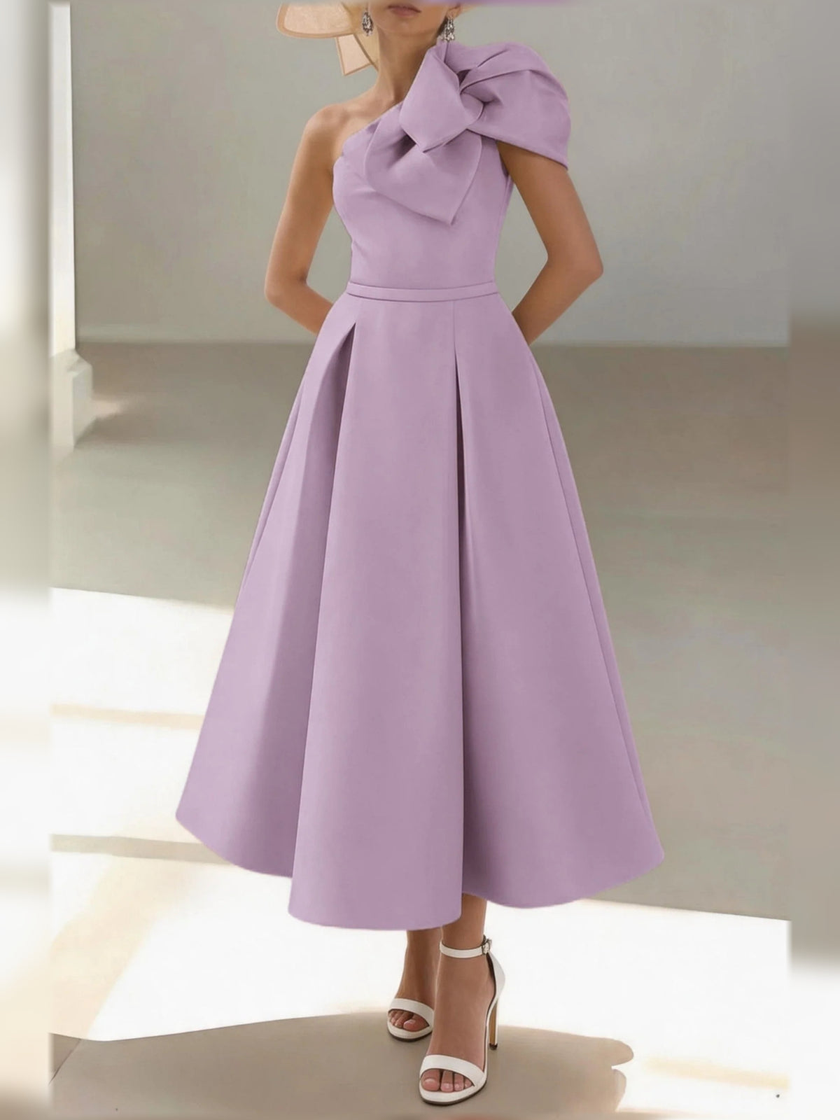Pleated Draped One Shoulder A-Line Midi Satin Mother of the Bride Dress for Rehearsal Dinner