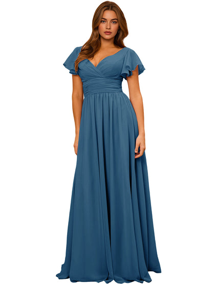 V-Neck Flutter Sleeve Chiffon Bridesmaid Dress with Empire Waist