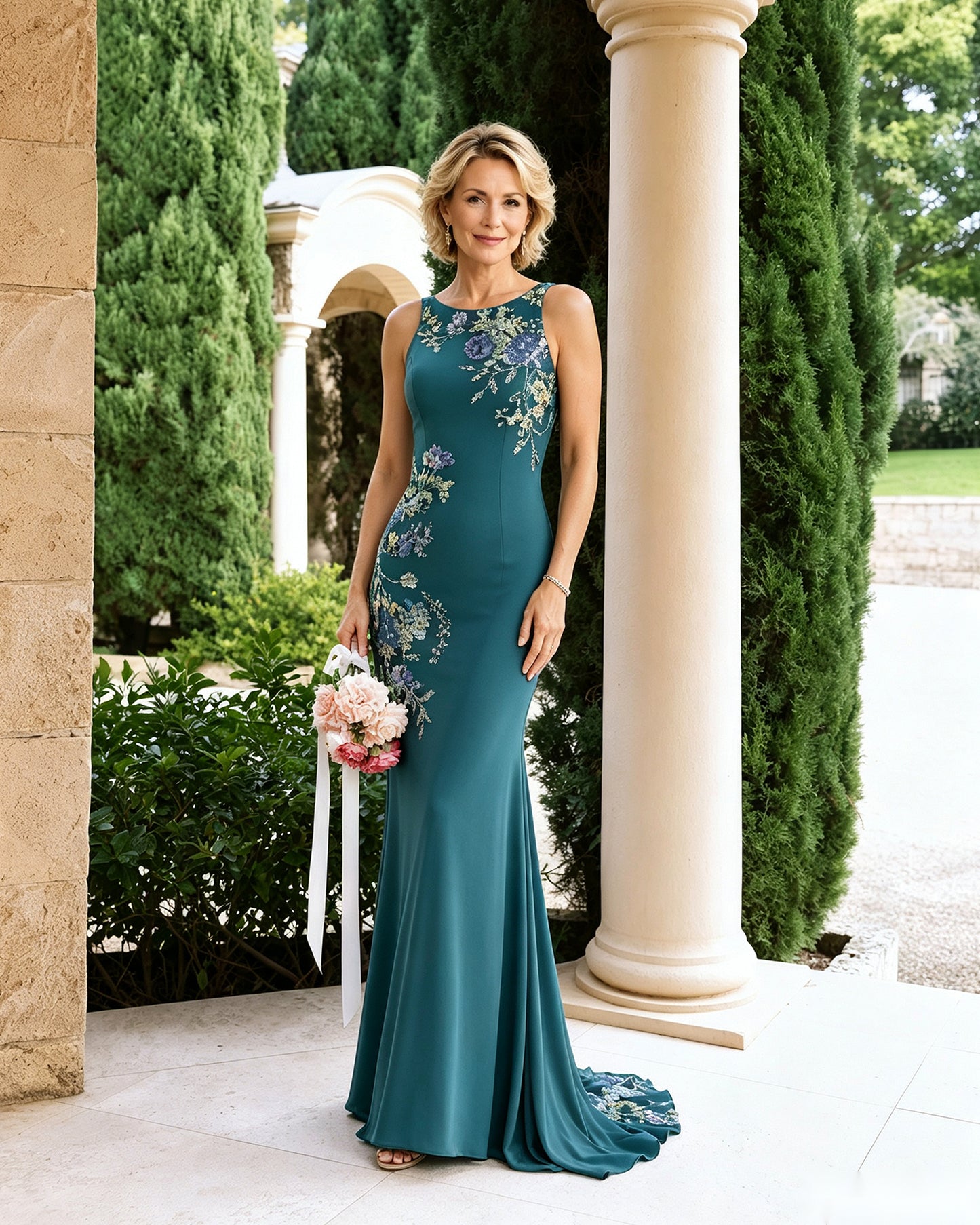 Floral Embroidered Halter Mother of the Bride Dress with Statement Train