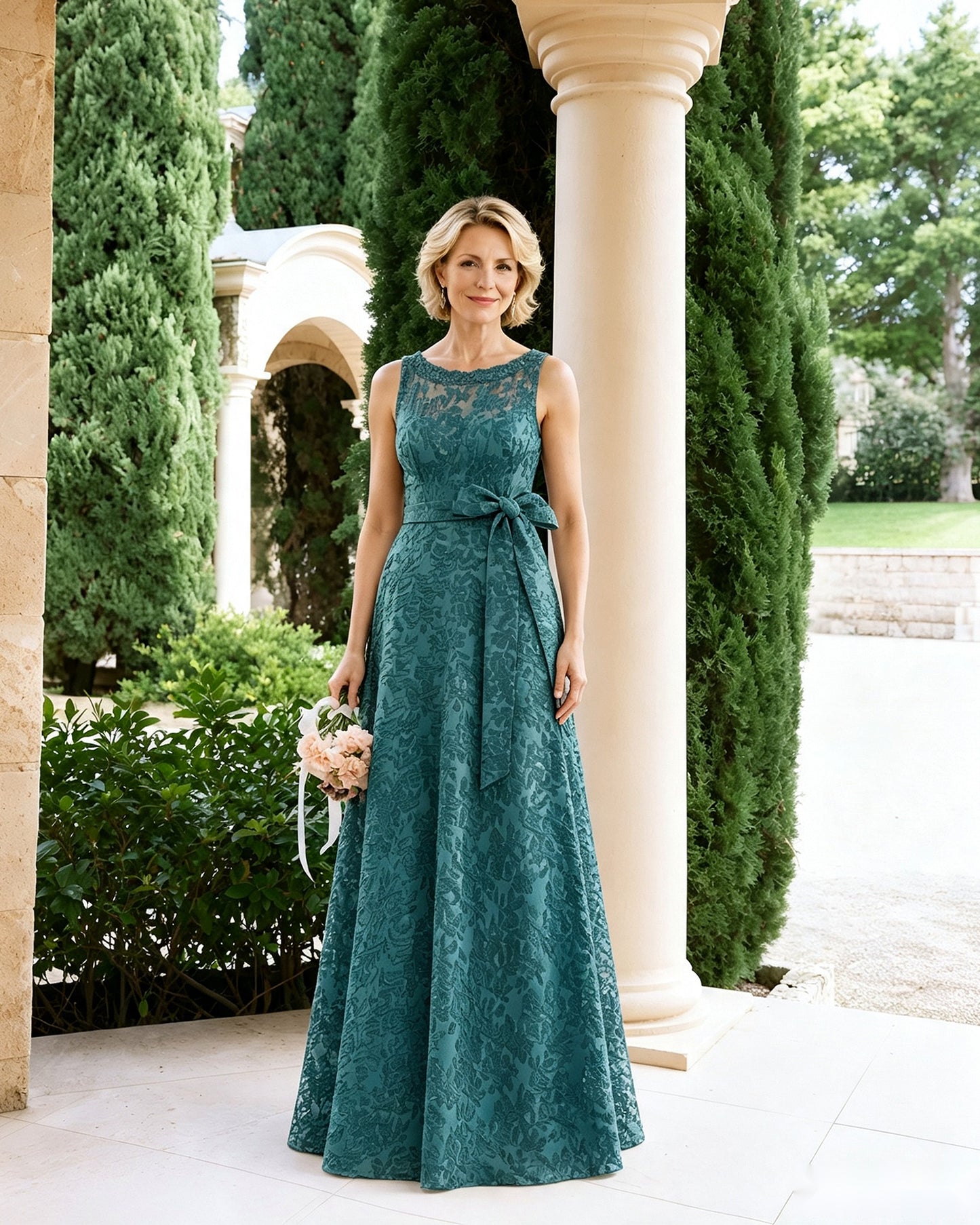Sleeveless Lace A-Line Mother of the Bride Dress with Sash Bow