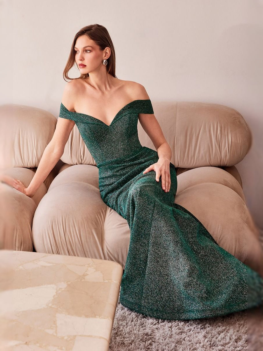 Glitter V Neck Mermaid Floor-Length Prom Dress for Formal Party