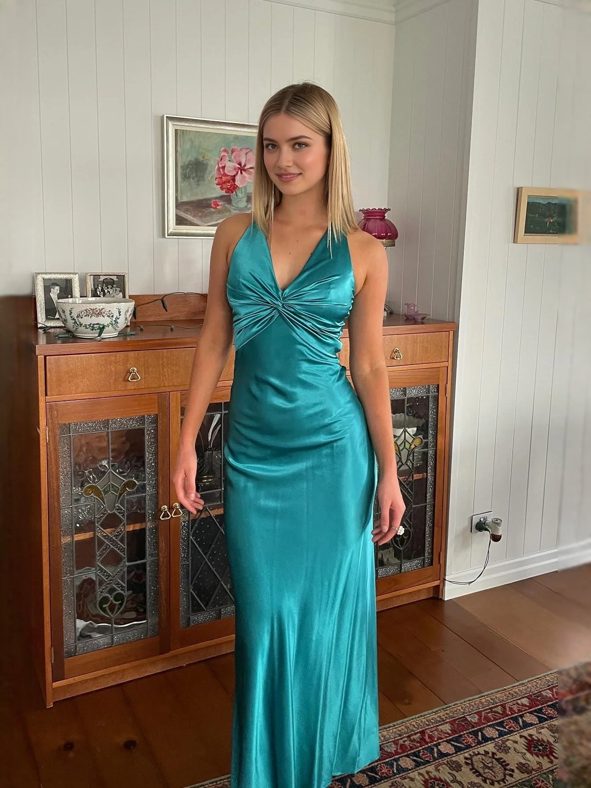 Bow V Neck Sheath Floor-Length Satin Bridesmaid Dress for Garden Wedding