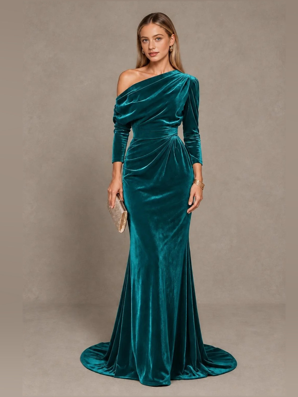 Draped One Shoulder Mermaid Floor-Length Velvet Bridesmaid Dress for Bridal Party