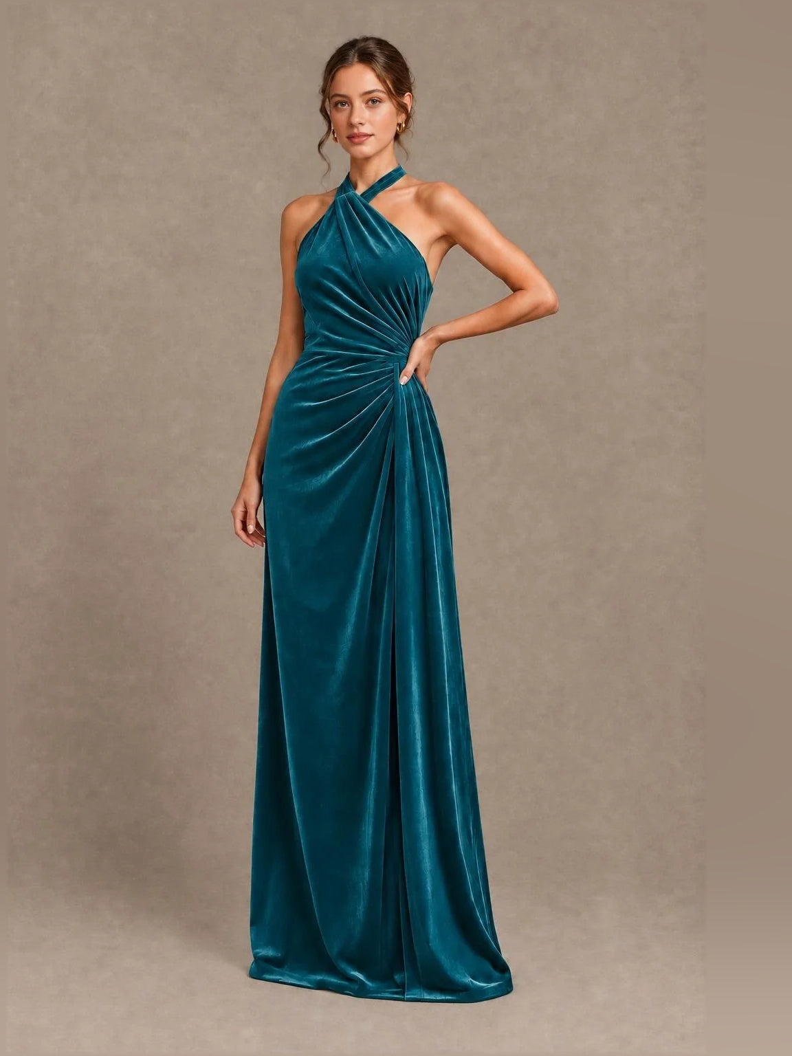 Ruched Draped V Neck Sheath Floor-Length Velvet Bridesmaid Dress for Formal Wedding
