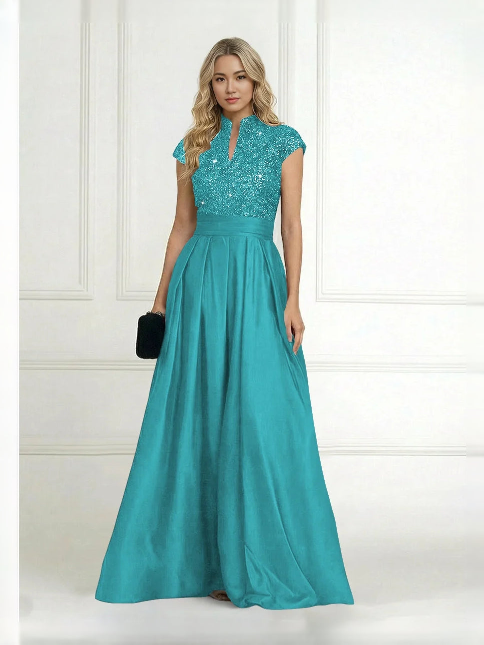 Pleated Sequin High Neck A-Line Floor-Length Satin Mother of the Bride Dress for Ceremony Dinner