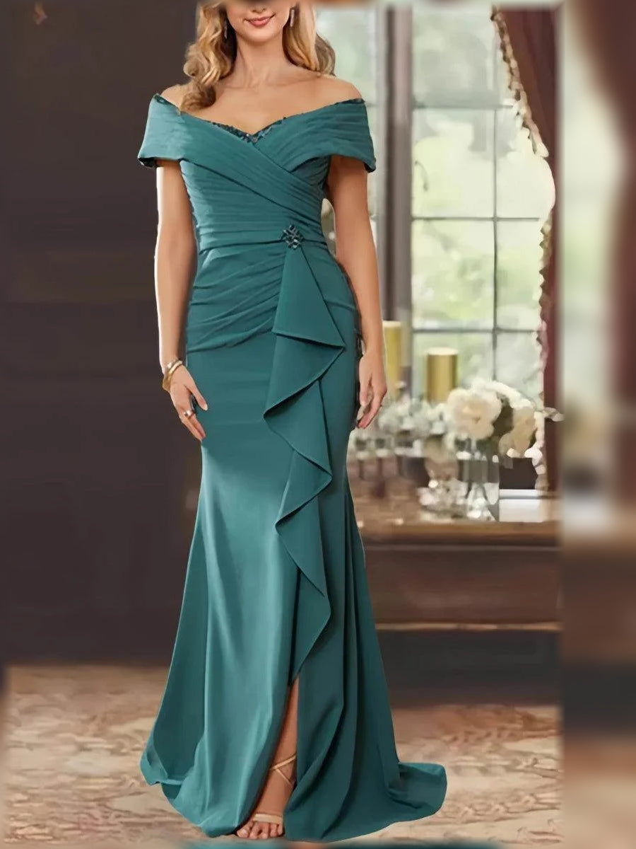 Ruched Draped Ruffled Slit Off Shoulder Mermaid Floor-Length Mother of the Bride Dress for Wedding Weekend