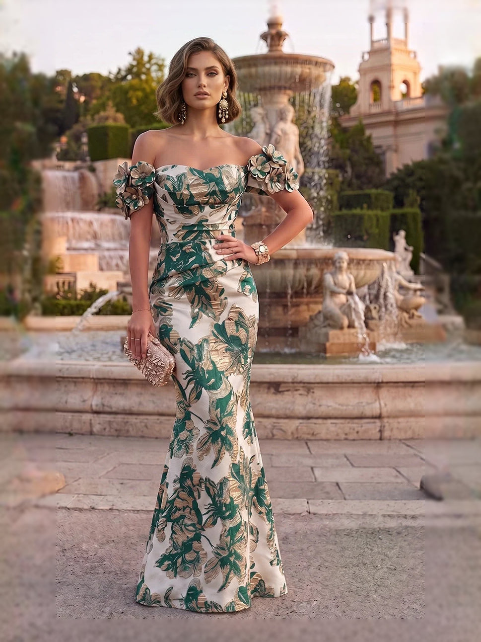 Ruched Flower-Applique Floral Off Shoulder Mermaid Floor-Length Mother of the Bride Dress for Bridal Luncheon
