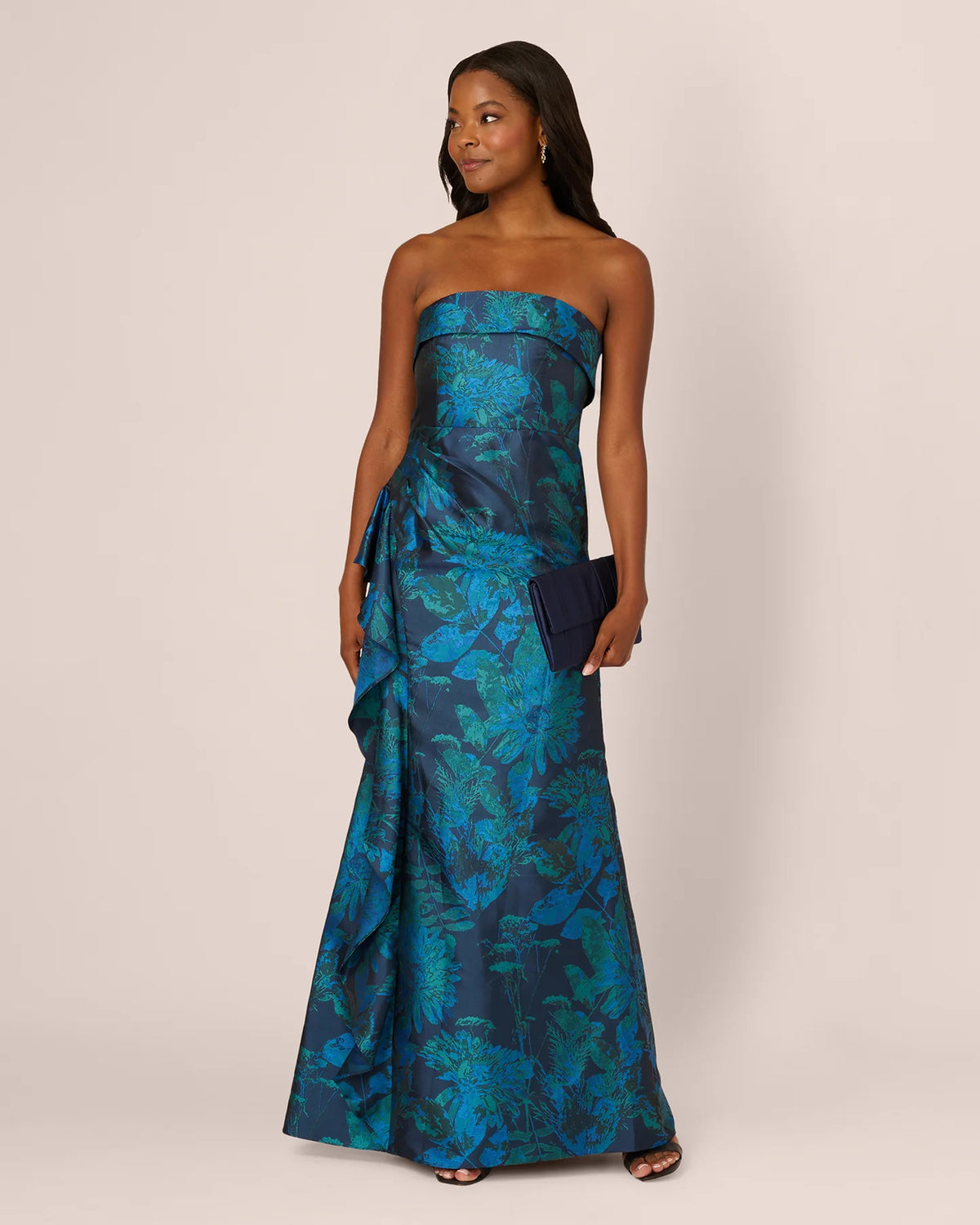 Floral Print Draped Strapless A-Line Maxi Mother of the Bride Dress for Engagement Dinner