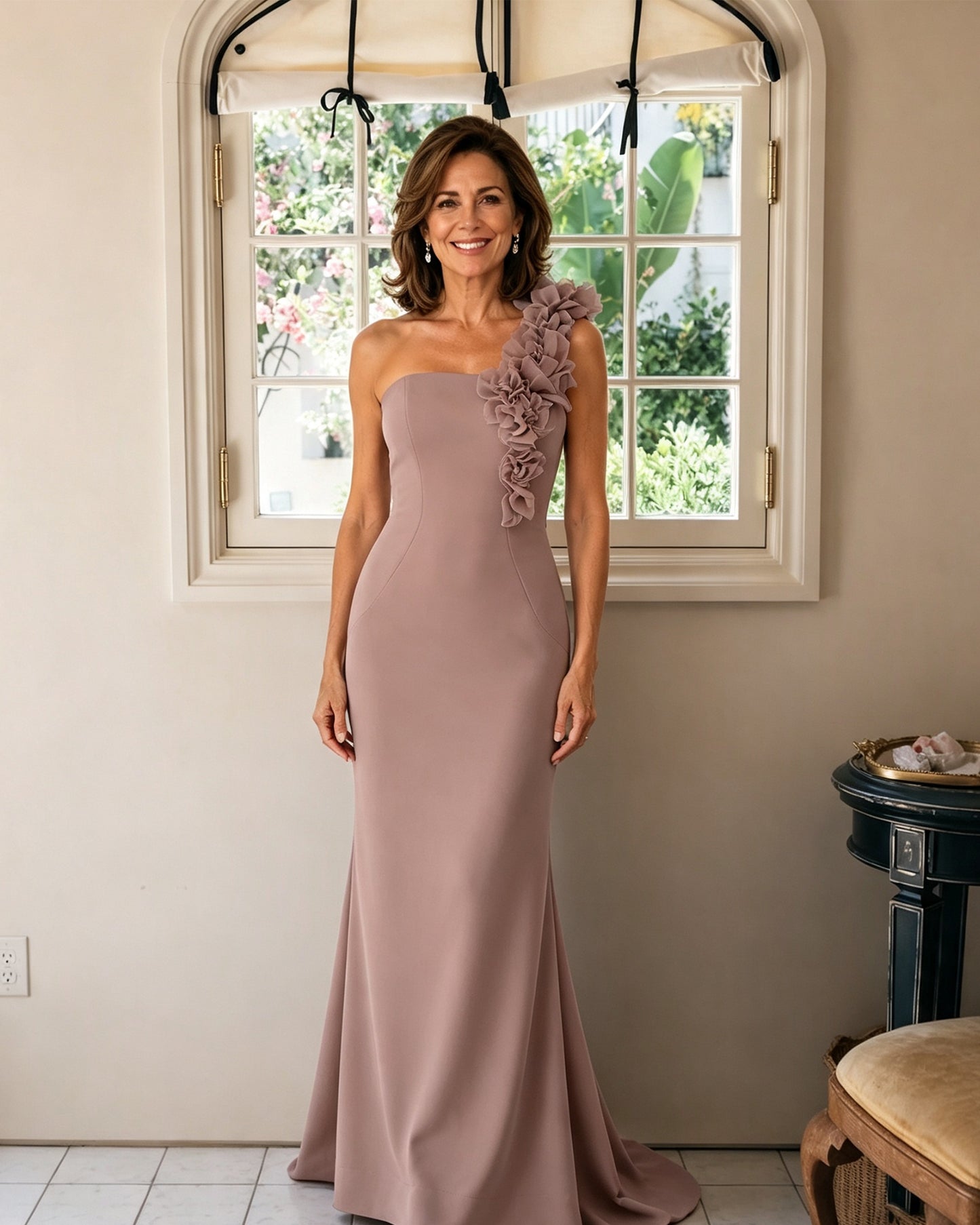 One-Shoulder Floral Applique Mermaid Mother of the Bride Dress