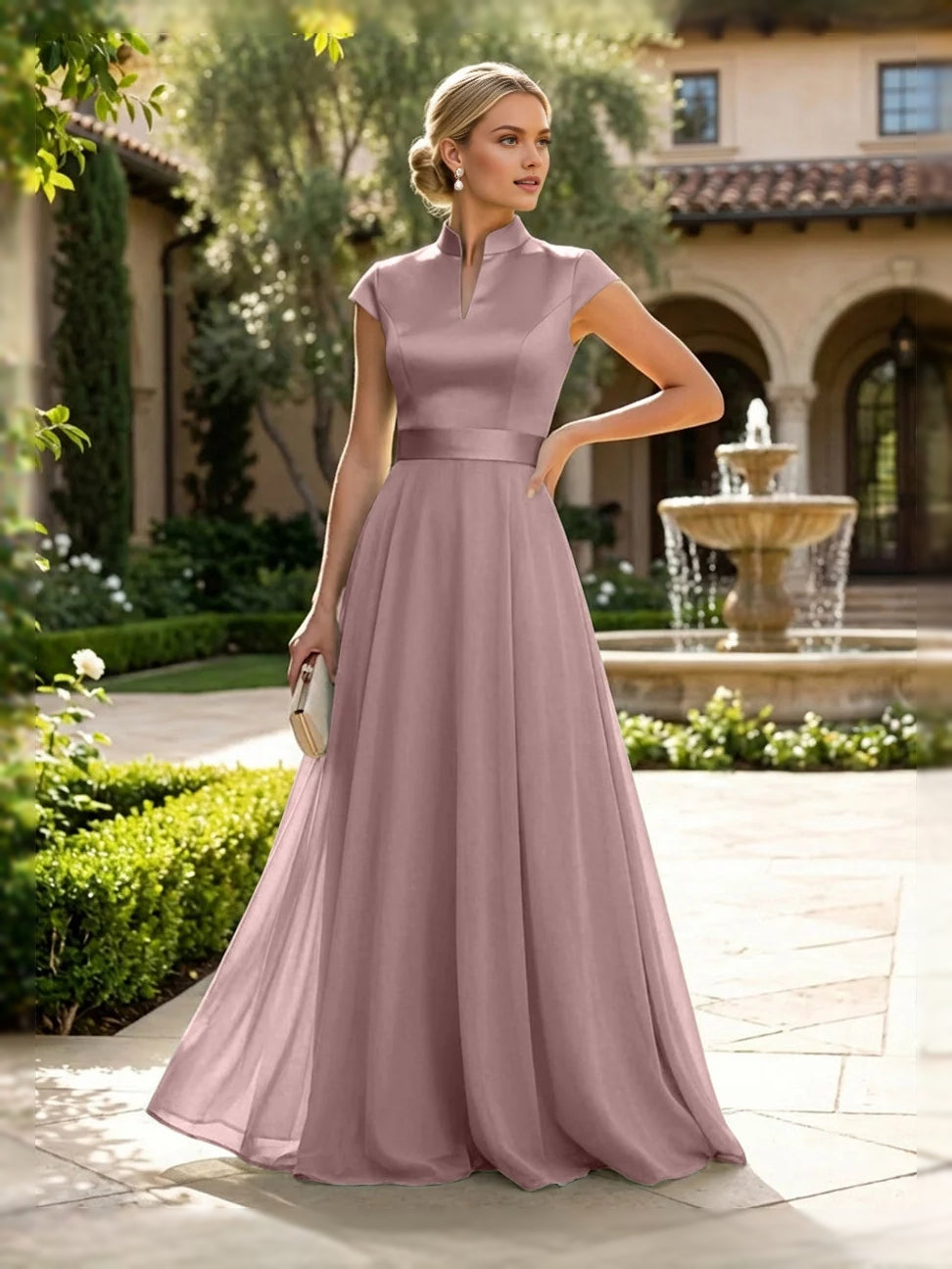 Slit High Neck A-Line Floor-Length Satin Mother of the Bride Dress for Bridal Luncheon