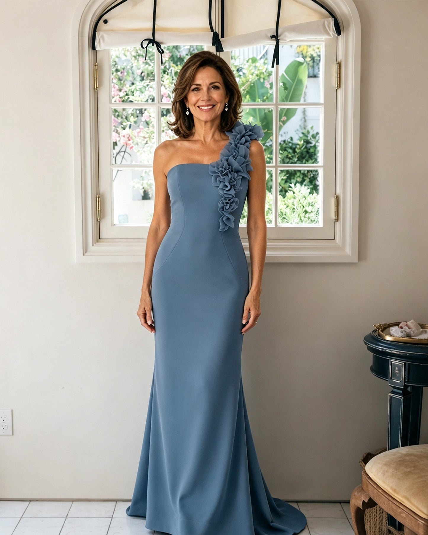 One-Shoulder Floral Applique Mermaid Mother of the Bride Dress