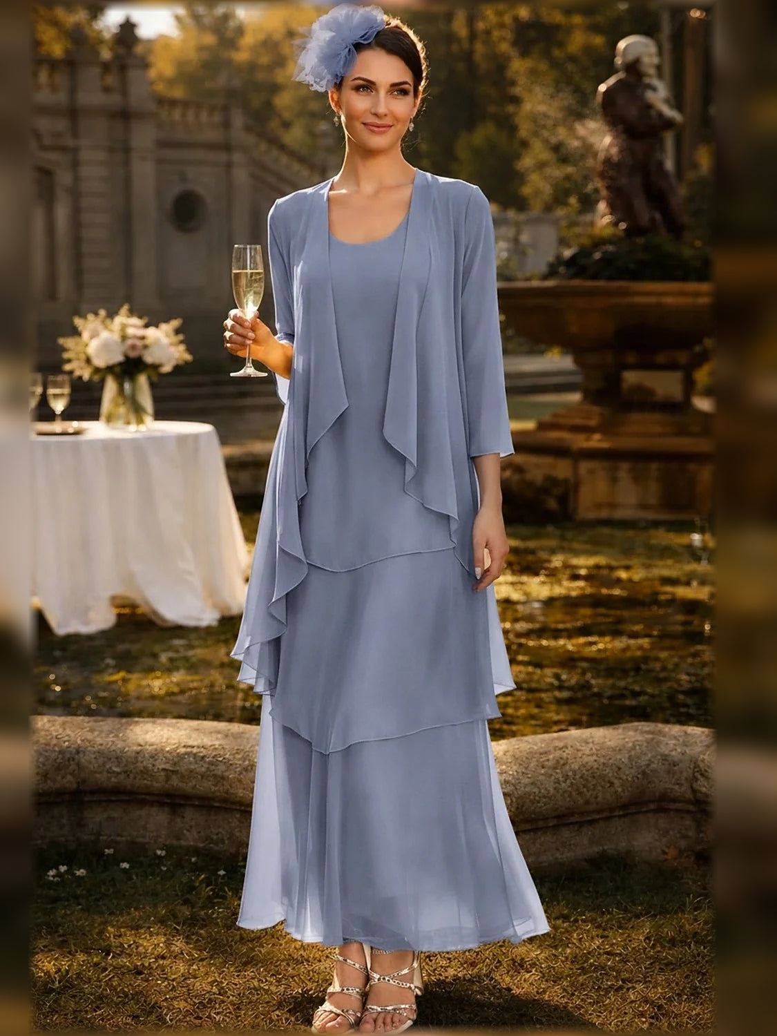 Layered Scoop Neck A-Line Maxi Chiffon Mother of the Bride Dress for Estate Wedding