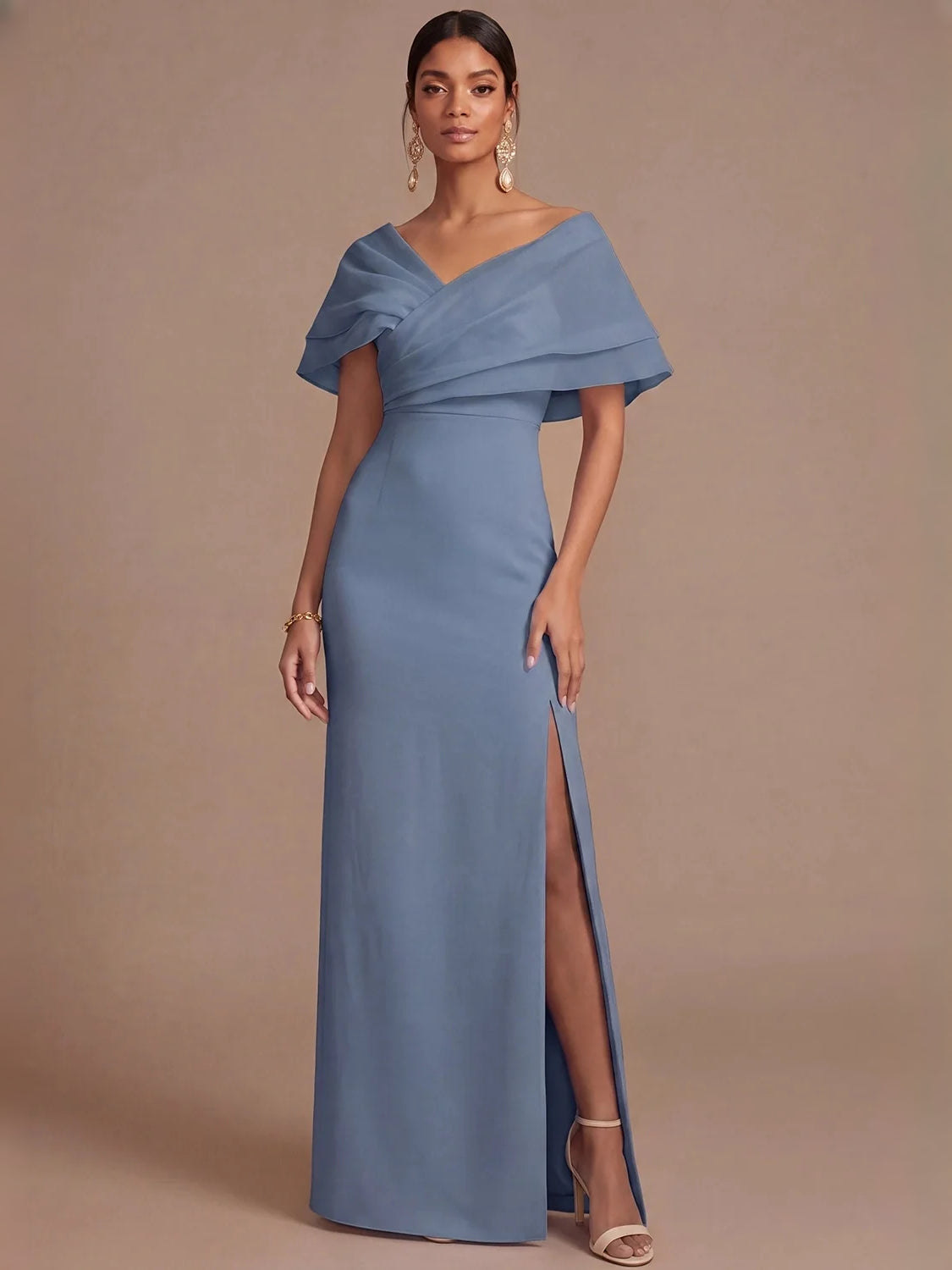 Side-Slit Back-Slit Ruffled Slit V Neck Sheath Maxi Organza Bridesmaid Dress for Formal Wedding