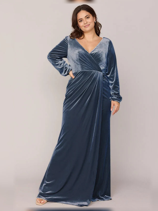 Slit V Neck Wrap Floor-Length Velvet Bridesmaid Dress for Wedding Reception