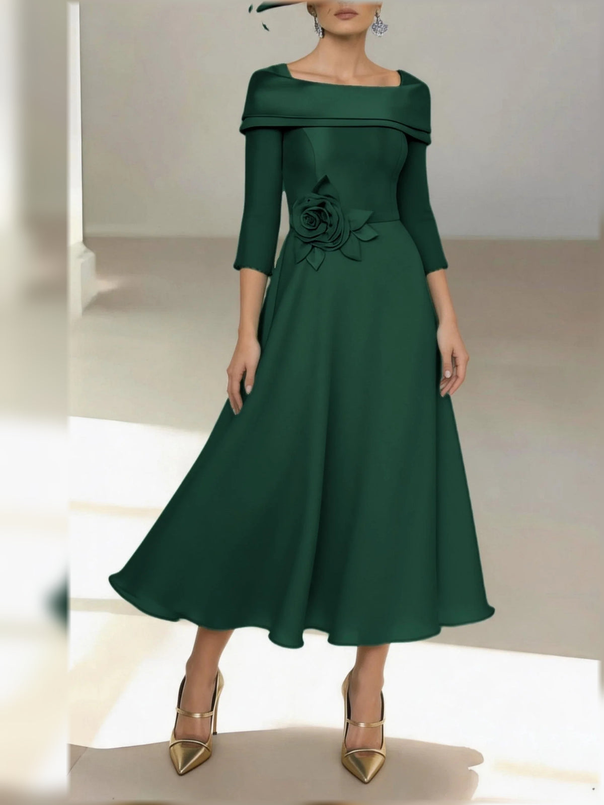 Draped Off Shoulder A-Line Midi Satin Mother of the Bride Dress for Formal Dinner