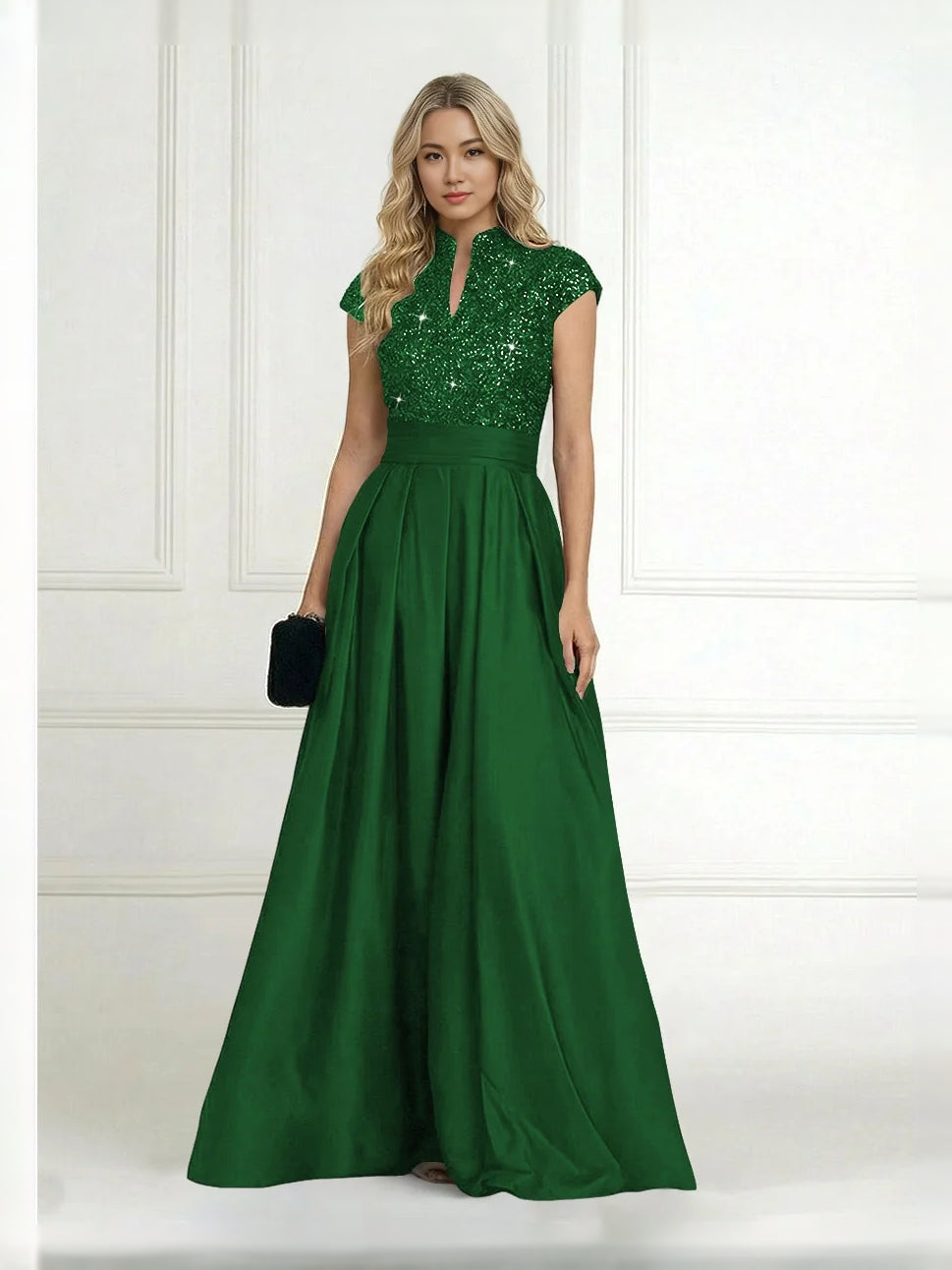 Pleated Sequin High Neck A-Line Floor-Length Satin Mother of the Bride Dress for Ceremony Dinner