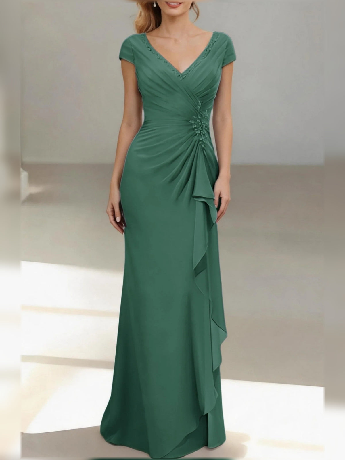 Ruched Draped Ruffled V Neck Mermaid Floor-Length Mother of the Bride Dress for Formal Ceremony