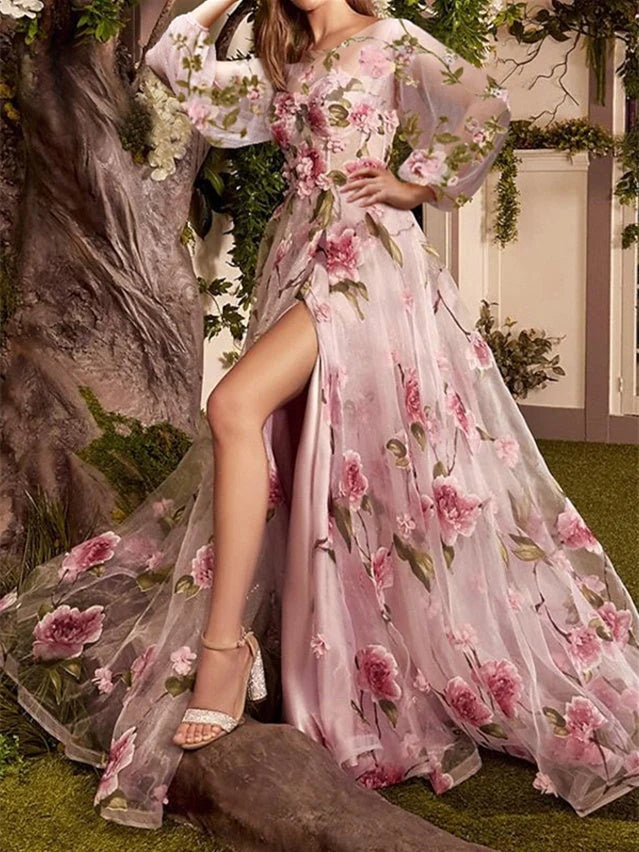 As Pic Floral Slit Illusion Neck A-Line Floor-Length Prom Dress for Gala