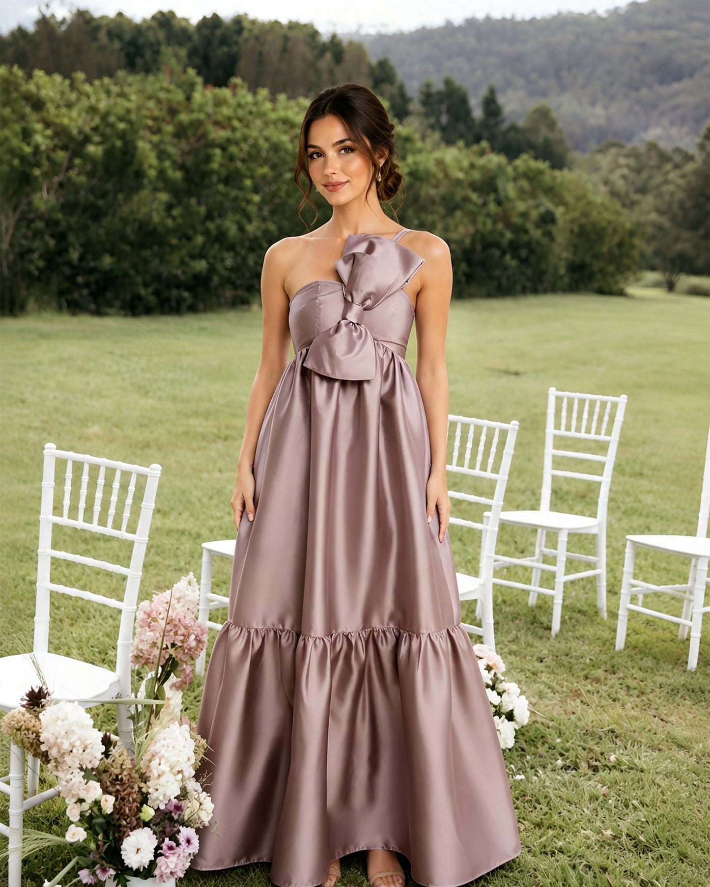 One-Shoulder Satin A-Line Bridesmaid Dress with Statement Ruffle