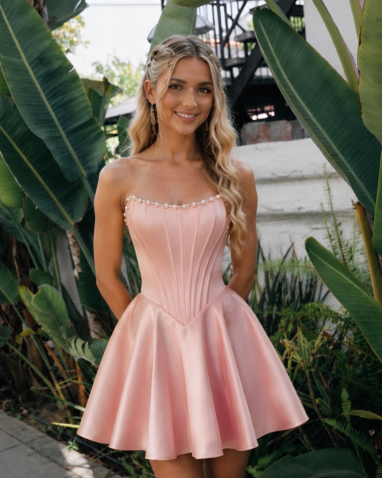 Strapless Pearl Trim Satin Corset Homecoming Dress