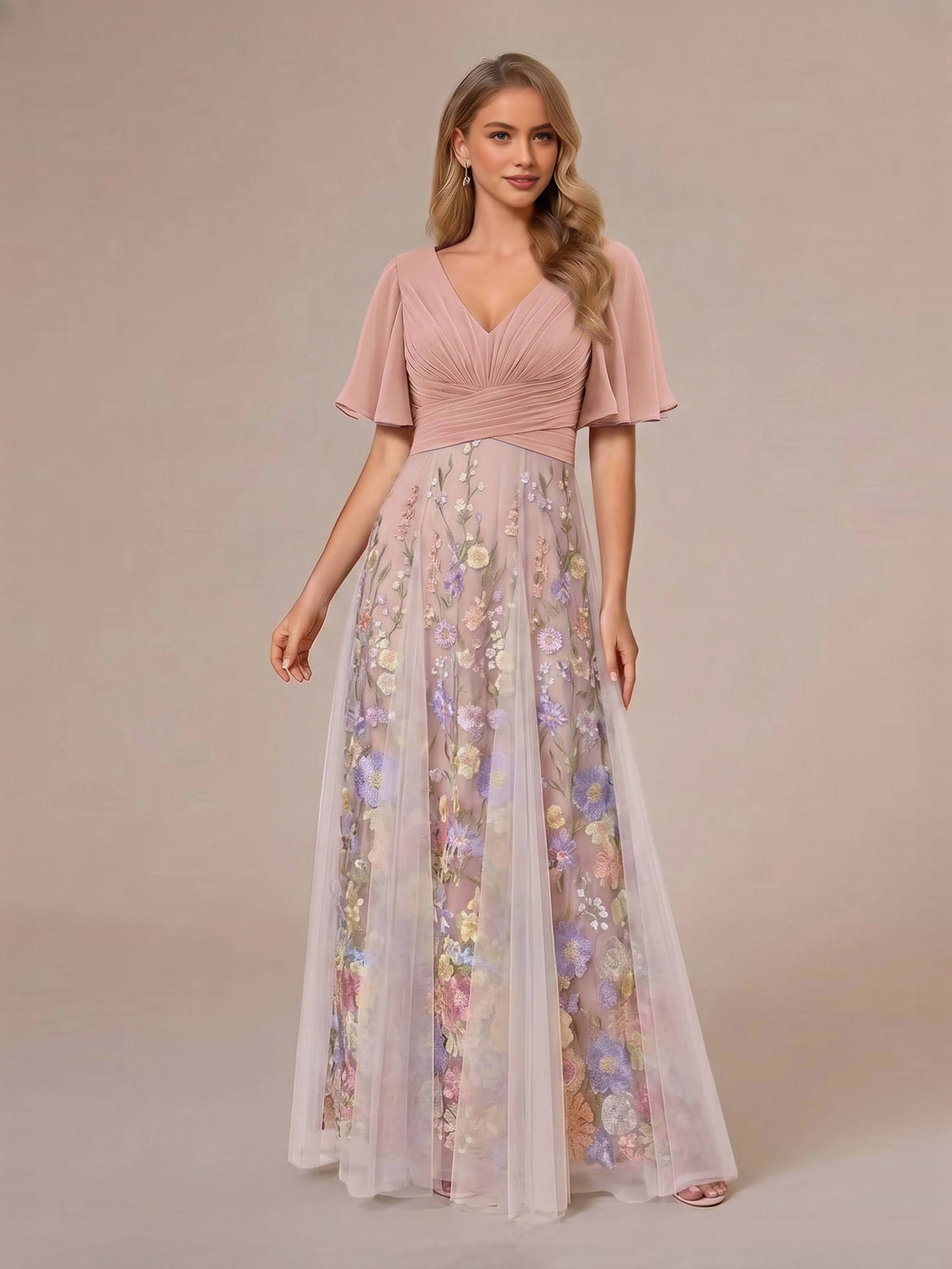 Ruched Embroidered Floral V Neck A-Line Floor-Length Chiffon Mother of the Bride Dress for Wedding Reception