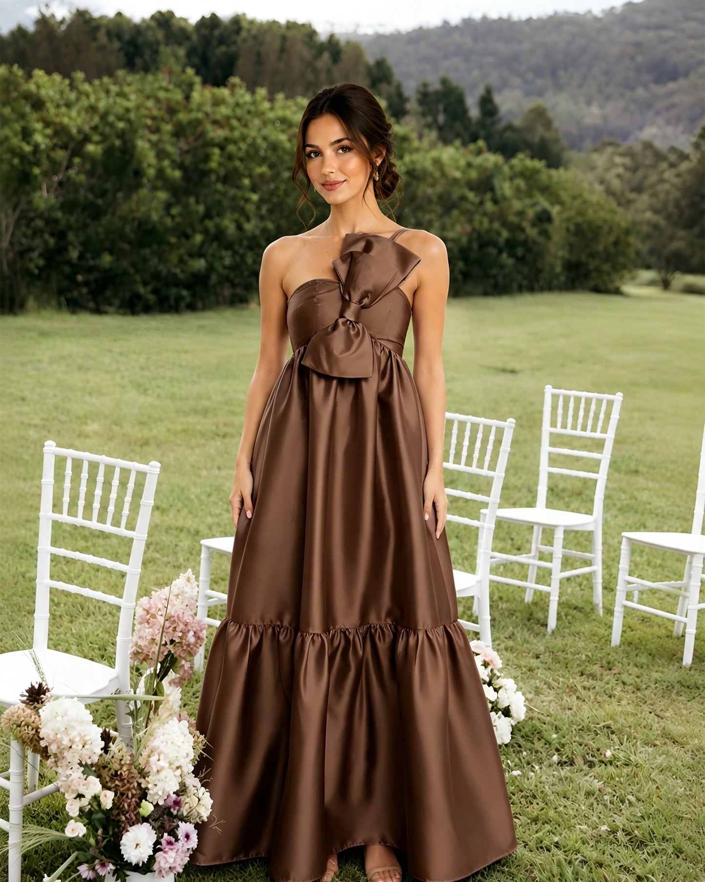 One-Shoulder Satin A-Line Bridesmaid Dress with Statement Ruffle