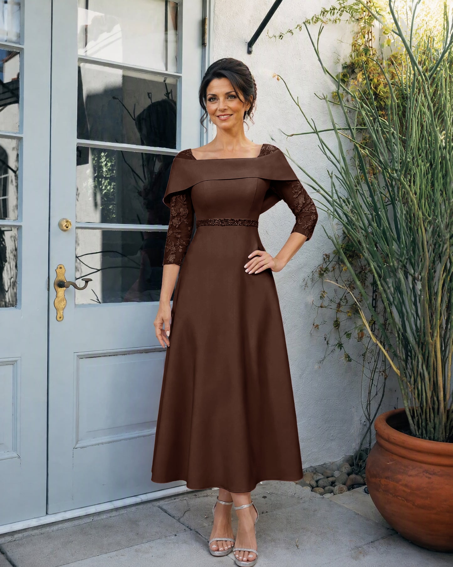 Off-Shoulder Tea-Length A-Line Mother of the Bride Dress with Lace Sleeves