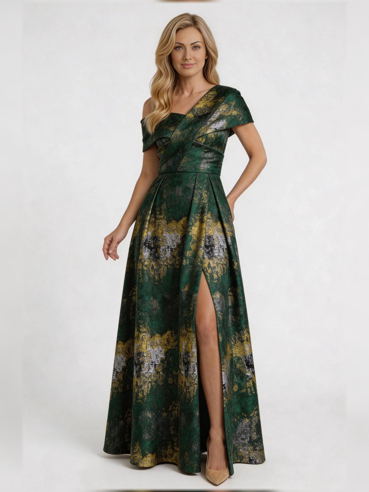 Side-Slit Slit Asymmetrical Neck A-Line Floor-Length Mother of the Bride Dress for Wedding Ceremony