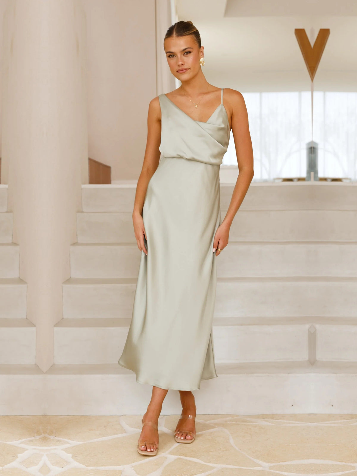 Cowl Neck Spaghetti Strap Sheath Maxi Formal Dress