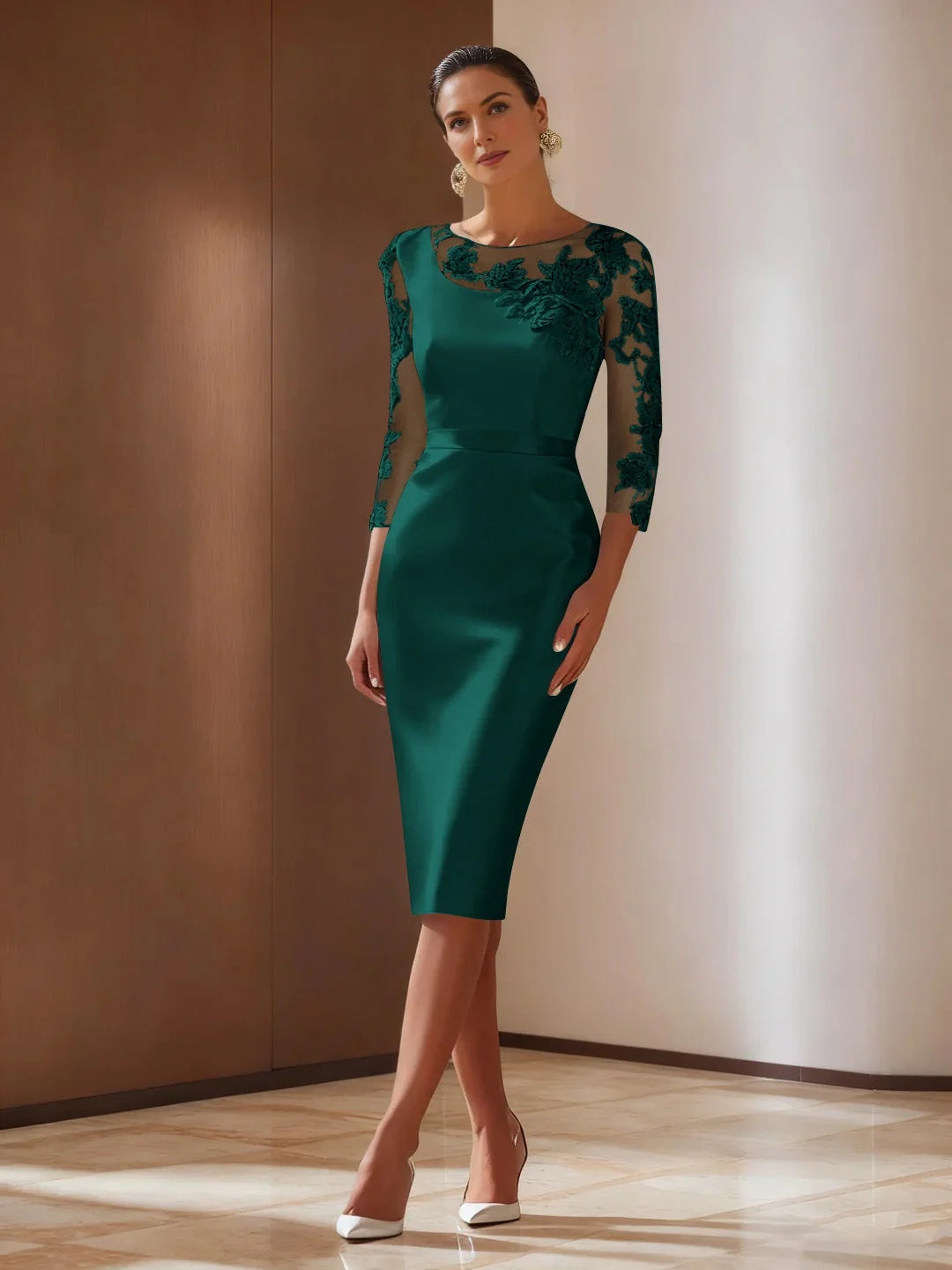 Pleated Draped V Neck A-Line Midi Satin Mother of the Bride Dress for Church Wedding