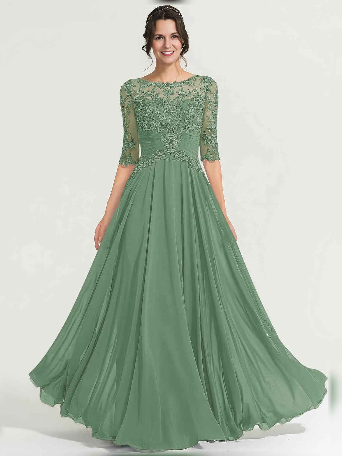 Ruched Flower-Applique Floral Illusion Neck A-Line Maxi Chiffon Mother of the Bride Dress for Formal Reception