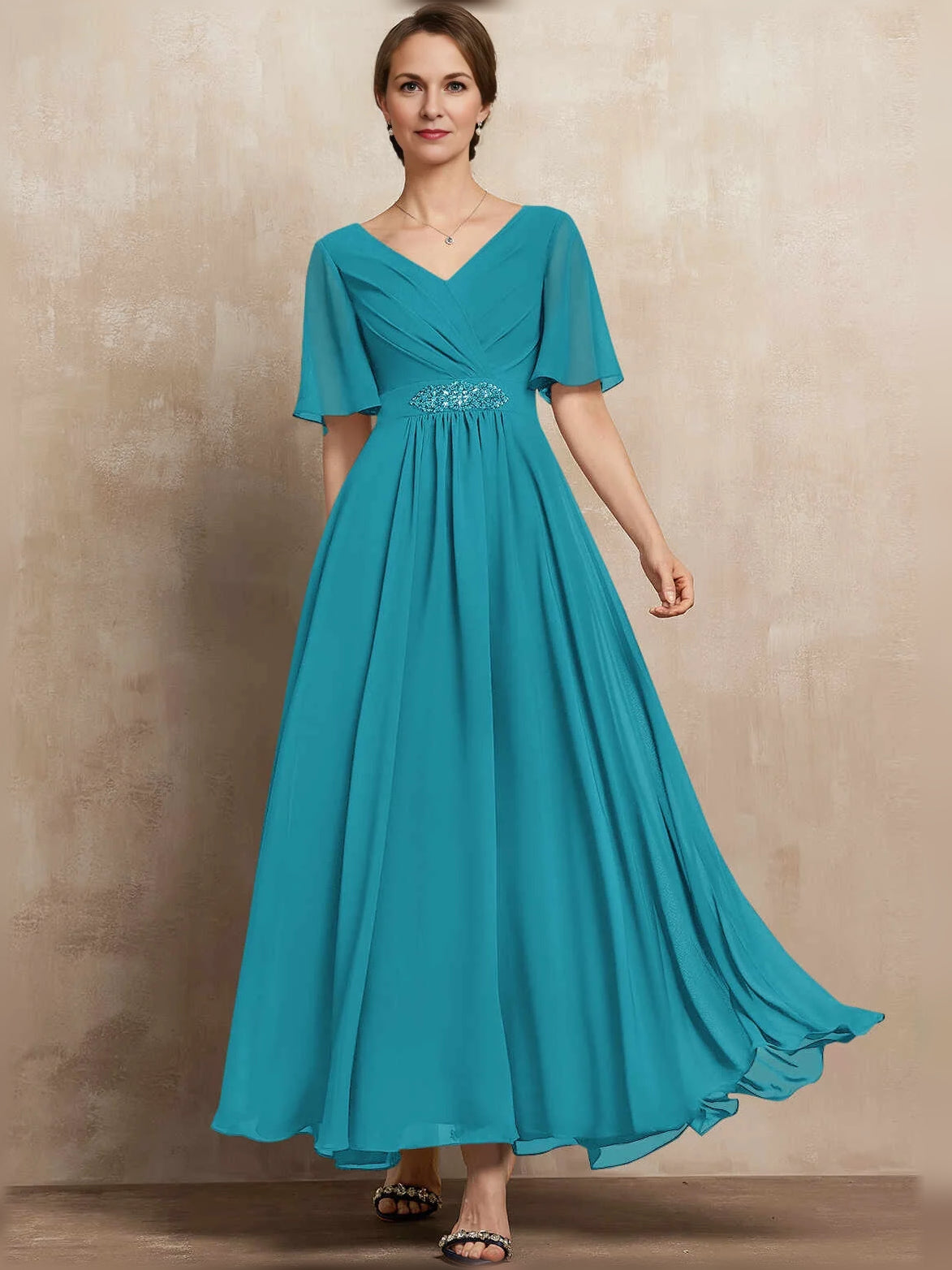 Pleated Beaded V Neck A-Line Maxi Chiffon Mother of the Bride Dress for Ceremony Dinner
