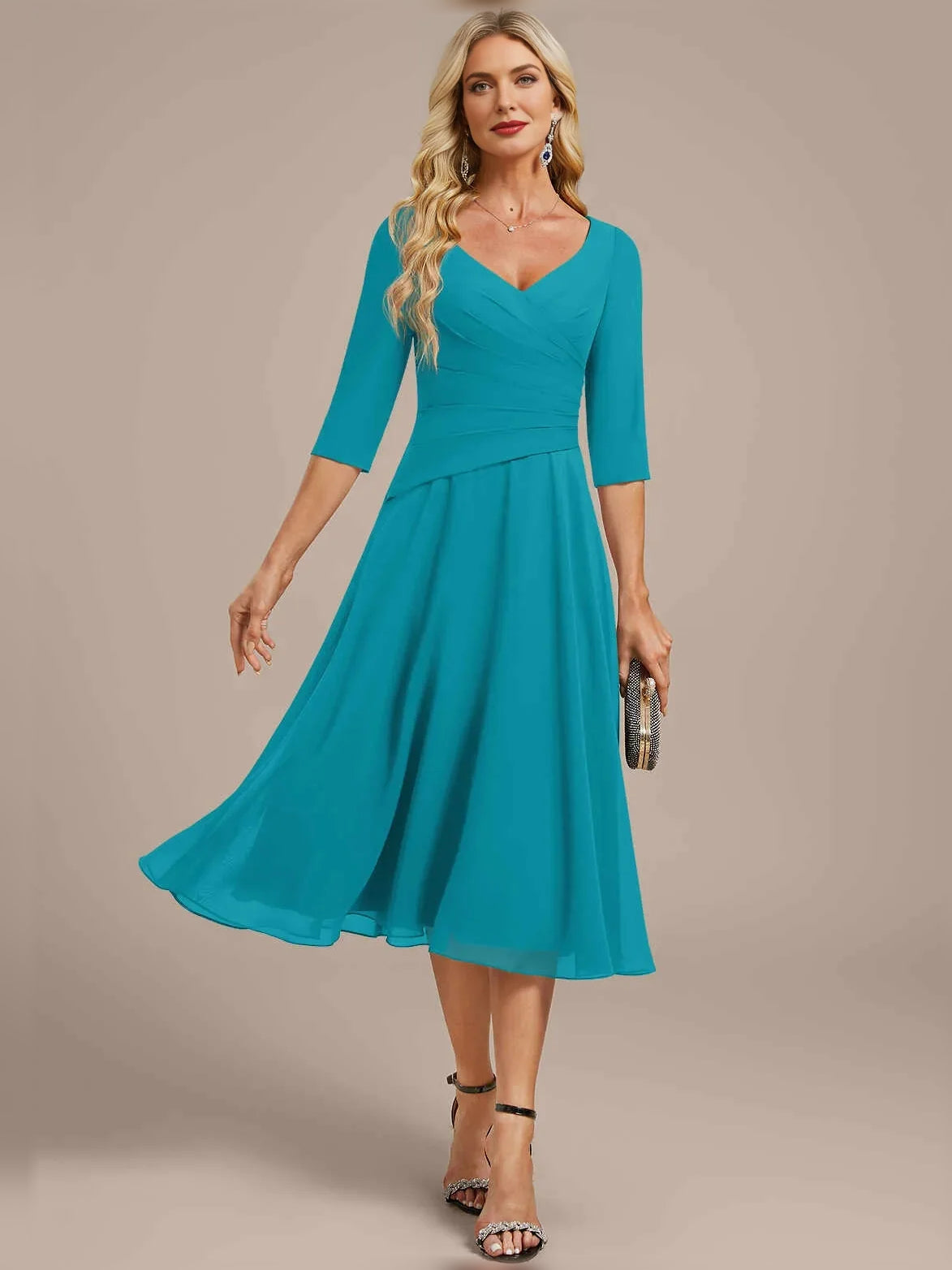 Ruched Draped V Neck A-Line Knee-Length Chiffon Mother of the Bride Dress for Formal Ceremony