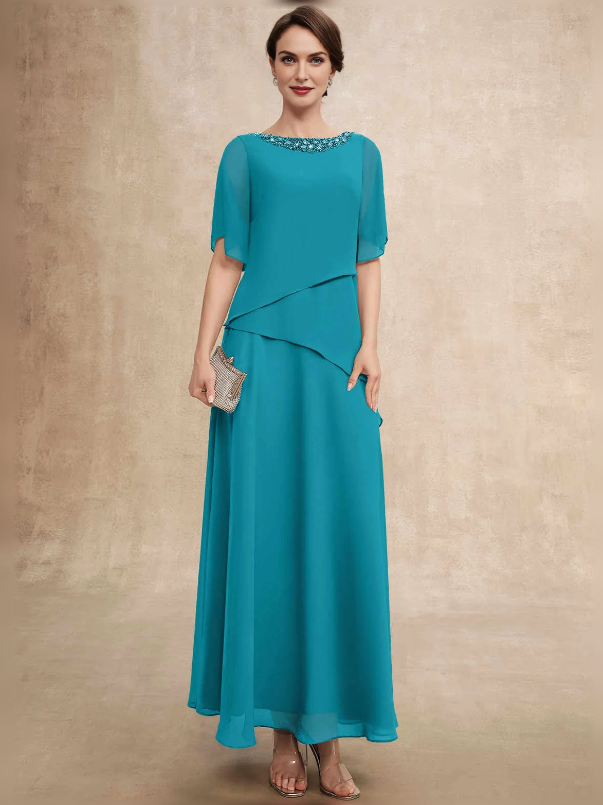 Layered Beaded Boat Neck A-Line Floor-Length Chiffon Mother of the Bride Dress for Formal Wedding