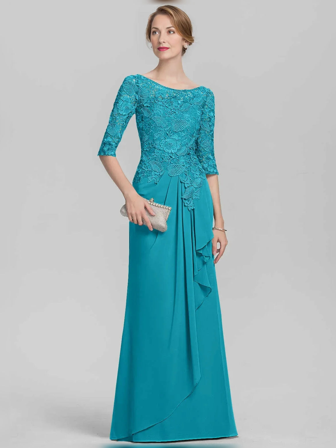 Draped Bateau Neck Sheath Floor-Length Chiffon Mother of the Bride Dress for Evening Reception